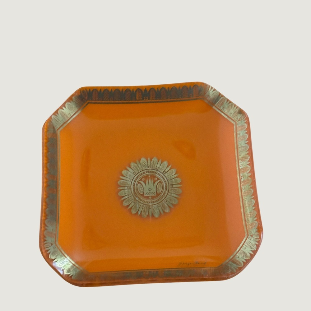 Vintage George Briard Orange Glass Tray Gold Sunburst Crown Mid Century Modern